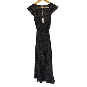 New Black & White Polka Dot High-Low Wrap Dress with Ruffle Hem